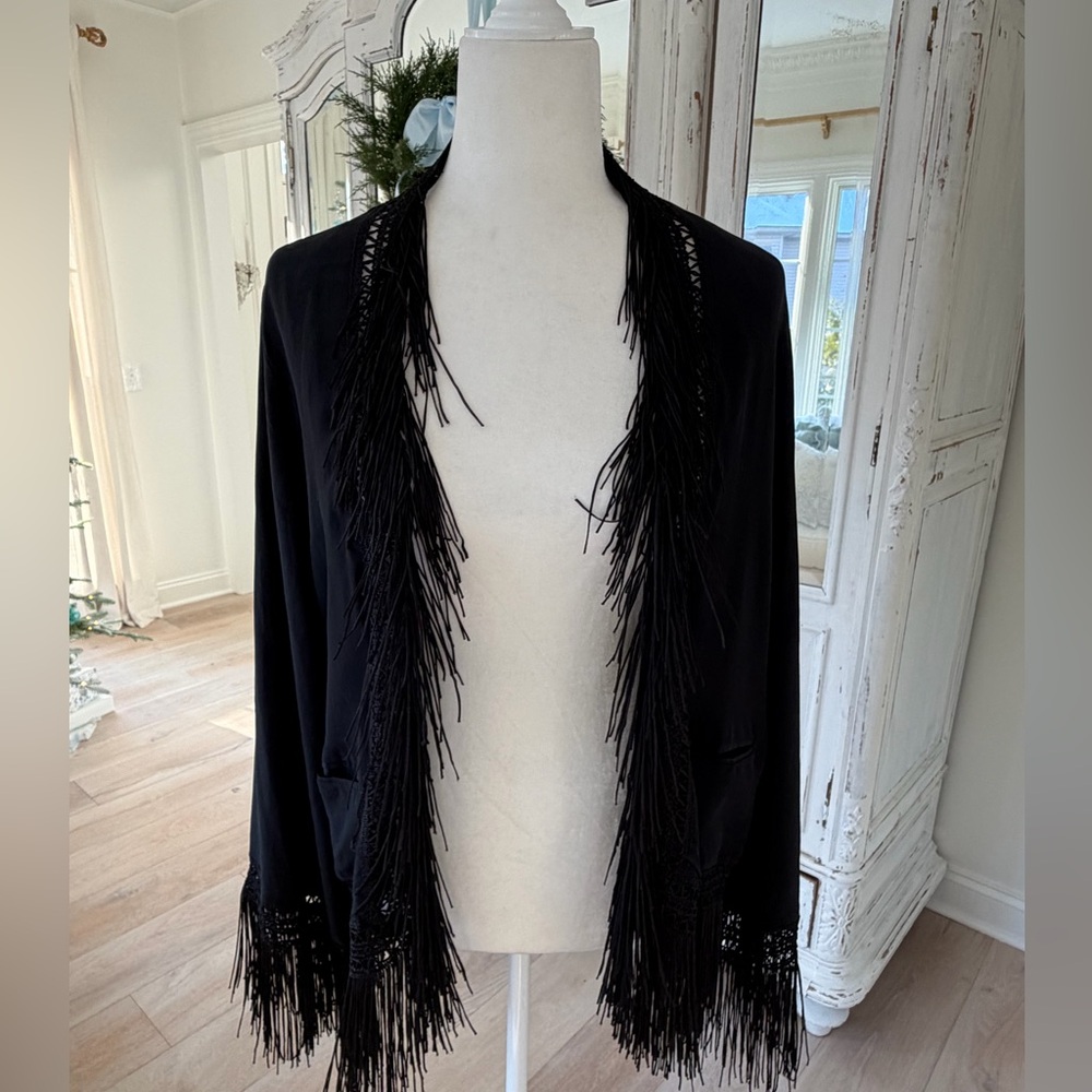 Winter Kate Vintage Silk Black Boho Fringe Cardigan Kimono Duster